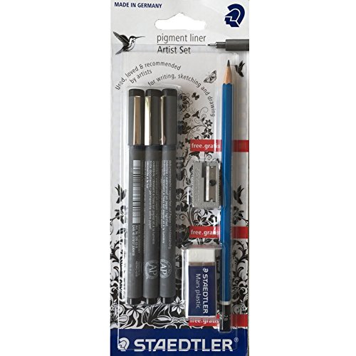 Staedtler Artist Set, pigment liner 0.3, 0.5, 0.7 + 1x Mars Lumograph 2B Pencil, 1x Mars Eraser, 1x Compact Pencil Sharpener by MoonBayCafe von Staedtler