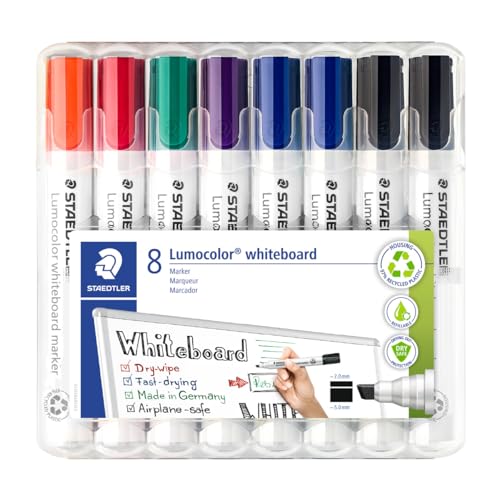 STAEDTLER Lumocolor 351 B WP8X Whiteboard-Marker (Keilspitze ca. 2 oder 5 mm Linienbreite, Set mit 8 Markern, hohe Qualität, trocken und rückstandsfrei abwischbar von Whiteboards) Sortiert von Staedtler