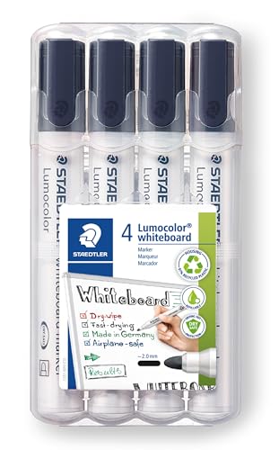 STAEDTLER Whiteboard Marker Lumocolor, Rundspitze ca. 2 mm Linienbreite, hohe Qualität, trocken und rückstandsfrei abwischbar von Whiteboards, Set mit 4 schwarzen Markern, 351 WP4-9X von Staedtler