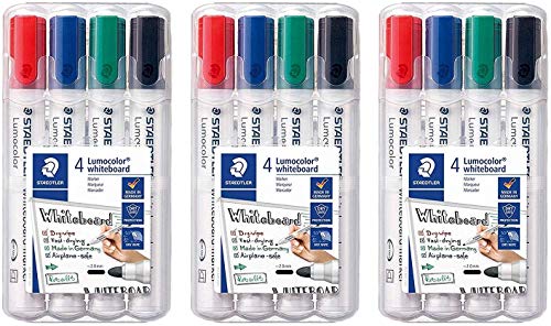 Staedtler Lumocolor 351 WP4 Whiteboard-Marker (Rundspitze ca. 2 mm Linienbreite, Set mit 4 Farben (4er Marker Set | 3 Stk, farbsortiert) von Staedtler