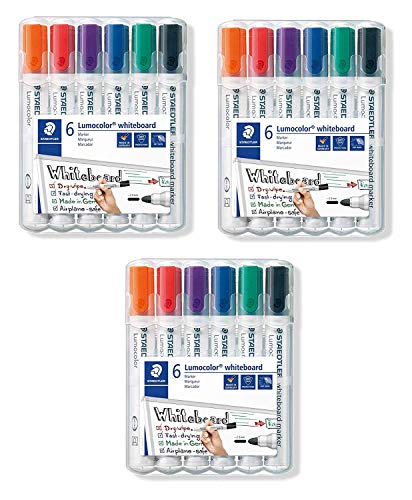 Staedtler Lumocolor 351 WP6 Whiteboard-Marker, Rundspitze ca. 2 mm Linienbreite, Set mit 6 Farben (3 Etui) von Staedtler