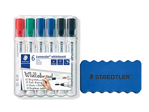 Staedtler Lumocolor 351 WP6 X Whiteboard-Marker (Rundspitze ca. 2 mm Linienbreite, Set mit 6 Markern, Hohe Qualität, trocken und rückstandsfrei abwischbar von Whiteboards) (Stifte + Original Löscher) von Staedtler