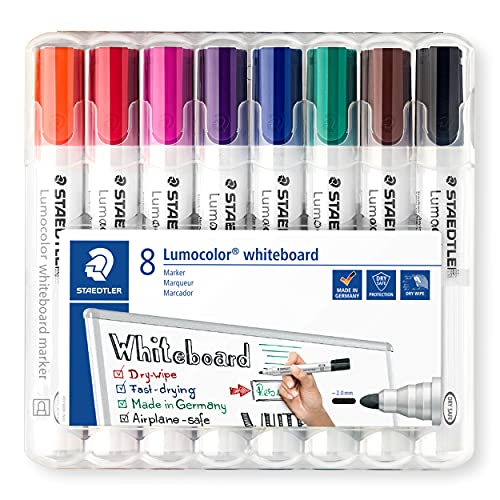 STAEDTLER Whiteboard-Marker Lumocolor, trocken und rückstandsfrei abwischbar von Whiteboards, ca. 2 mm Linienbreite, hohe Qualität, Rundspitze, Set mit 8 Farben, 351 WP8 von Staedtler