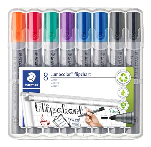 STAEDTLER Flipchart Marker Lumocolor, Rundspitze ca. 2 mm Linienbreite, lange Lebensdauer, nachfüllbar, farbintensiv, geruchsarm, hohe Qualität Made in Germany, Set mit 8 Farben, 356 WP8 X von Staedtler