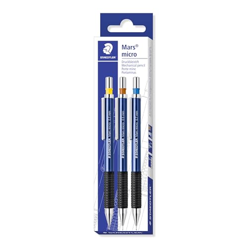 STAEDTLER Mars micro 775 SC WP3 Druckbleistift, rutschfeste Gummigriffzone, Set mit 3 Linienbreiten 0.3, 0.5, 0.7, blau, nachfüllbar, taschensicher, bruchgeschützt, hohe Qualität von Staedtler