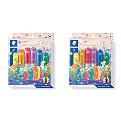 Staedtler Noris Club 2390M C6 Gelmalstifte, 6 Stück im Set, Glitter-Farben, perfekt für kleine Kinderhände, superweich und farbintensiv, auch ideal für `Fensterglas (Packung mit 2) von Staedtler