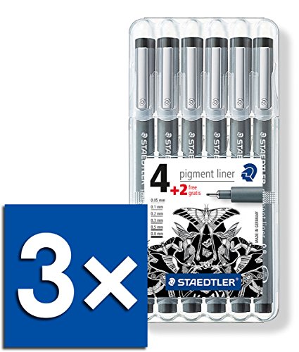 Staedtler Pigment Liner Fineliner 6er Set, mit Box (3X Standard Set Schwarz) von Staedtler