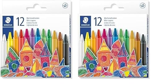 Staedtler Wachsmalkreide, leuchtende Farben, 8 mm Durchmesser, mit Papiermanschette, 12 Wachsmalkreiden in sortierten Farben im Kartonetui, 220 08 C12 (Packung mit 2) von Staedtler