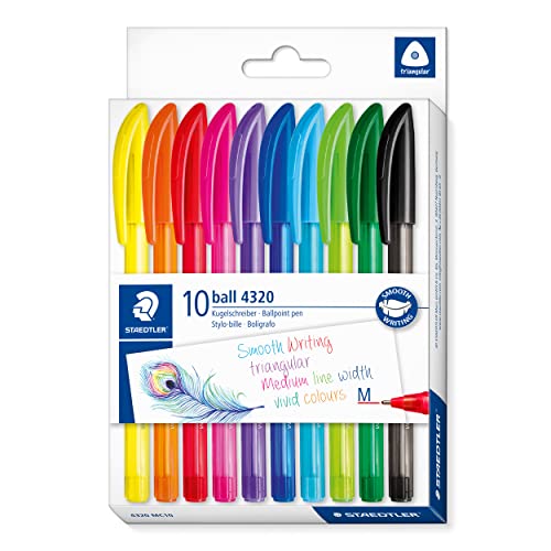 STAEDTLER dreikant stick Kugelschreiber, Linienbreite M ca. 1,00 mm, für entspanntes Schreiben, 10 Kugelschreiber in sortierten Farben im Kartonetui, 4320 MC10 von Staedtler