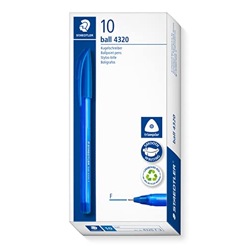 STAEDTLER dreikant stick Kugelschreiber, Schreibfarbe blau, Linienbreite F ca. 0,7 mm, für entspanntes Schreiben, 10 blaue Kugelschreiber im Kartonetui, 4320 F-3 von Staedtler