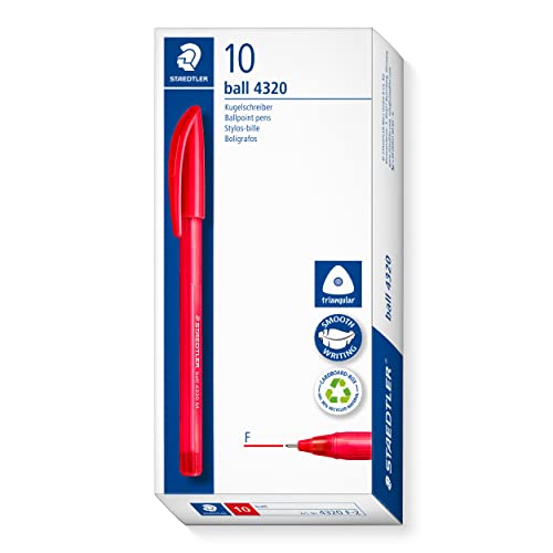 STAEDTLER dreikant stick Kugelschreiber, Schreibfarbe rot, Linienbreite F ca. 0,7 mm, für entspanntes Schreiben, 10 rote Kugelschreiber im Kartonetui, 4320 F-2 von Staedtler