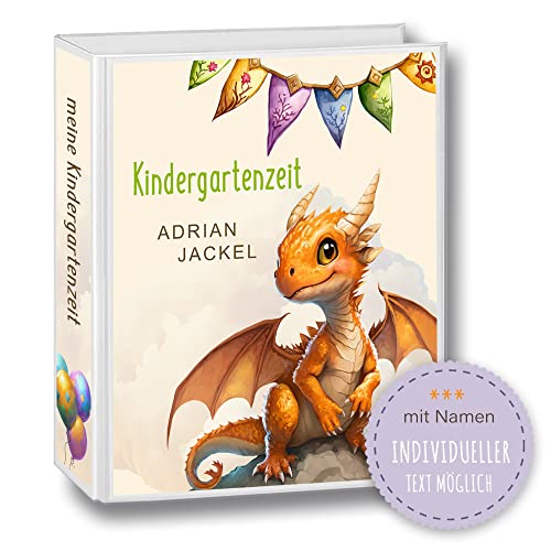 Kindergarten Ordner personalisiert mit Namen und Wunschtext Cut Dragons Orange Dinosaurier A4 - Meine Kindergartenzeit Kindergartenordner Portfolioordner Sammelordner Junge Mädchen von Stammbuchshop