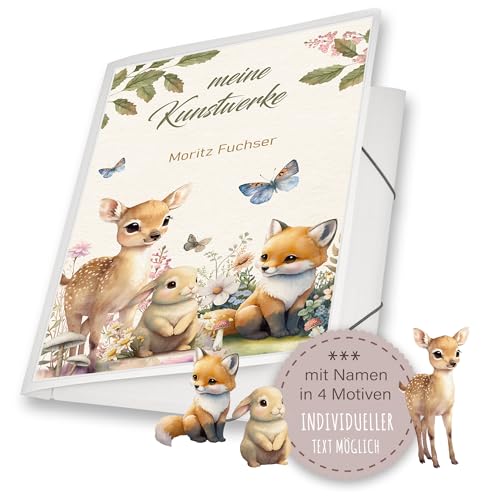 Zeichenmappe A4 oder A3 Kindergarten Mappe personalisiert mit Namen Sweet Babies Reh Fuchs Hase - Meine Kunstwerke Erinnerungsmappe Sammelmappe Mädchen Junge von Stammbuchshop