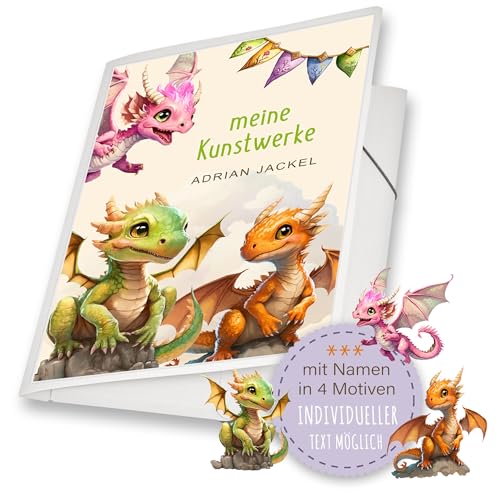 Zeichenmappe A4 oder A3 Schule Kindergarten Mappe personalisiert Namen Cute Dragon Drachen - Kunstwerke Erinnerungsmappe Sammelmappe Junge Mädchen Rosa Orange Grün von Stammbuchshop