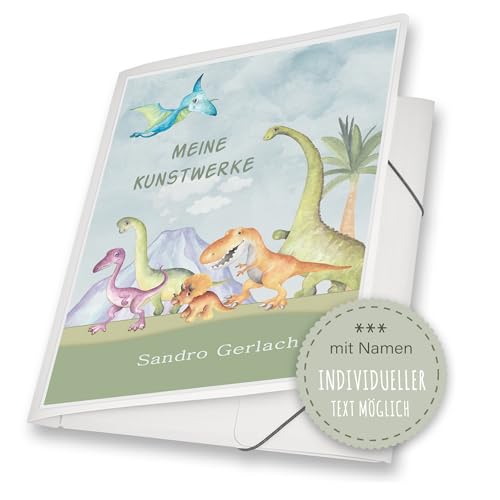 Zeichenmappe A4 oder A3 Schule Kindergarten Mappe personalisiert Namen Dinos Dinosaurier Tyrannosaurus - Kunstwerke Erinnerungsmappe Sammelmappe Junge Mädchen von Stammbuchshop