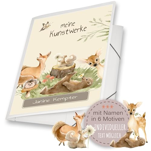 Zeichenmappe A4 oder A3 Schule Kindergarten Mappe personalisiert Namen Woodland Bär Fuchs Igel Reh Eichhörnchen - Kunstwerke Erinnerungsmappe Sammelmappe Junge Mädchen von Stammbuchshop