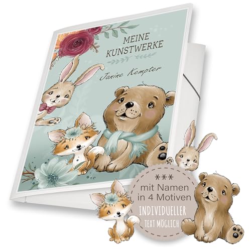 Zeichenmappe A4 oder A3 Schule Kindergarten Mappe personalisiert mit Namen Foresto Bäe Fuchs Hase - Kunstwerke Erinnerungsmappe Sammelmappe Junge Mädchen von Stammbuchshop