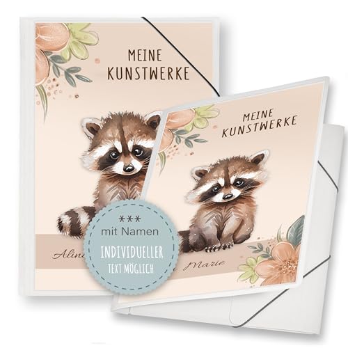 Zeichenmappe A3 Schule Kindergarten Mappe personalisiert mit Namen Racoon Waschbär Ogange - Kunstwerke Erinnerungsmappe Sammelmappe Junge Mädchen von Stammbuchshop