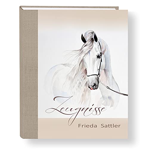 Zeugnismappe personalisiert White Horse A4 ca. 31x24 cm beige Zeugnisbuch Pferd Urkundenmappe Einschulung Schulanfang von Stammbuchshop