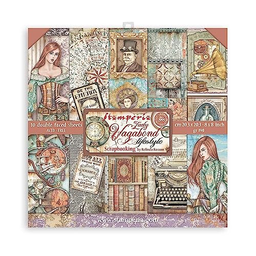 STAMPERIA INTERNATIONAL, KFT SBBS49 Scrapbooking Small Pad 10 Sheets cm, 3 (8"X8") -Lady Vagabond Lifestyle, Various, 20,3x20,3 cm, 6 von Stamperia