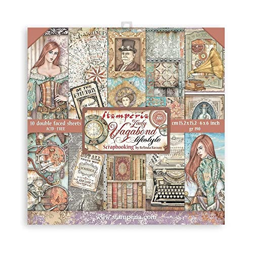 STAMPERIA INTERNATIONAL, KFT SBBXS10 Scrapbooking Extra small Pad 10 Sheets cm, 24 (6"x6") -Lady Vagabond Lifestyle, Various, 15,24x15,24 cm von Stamperia