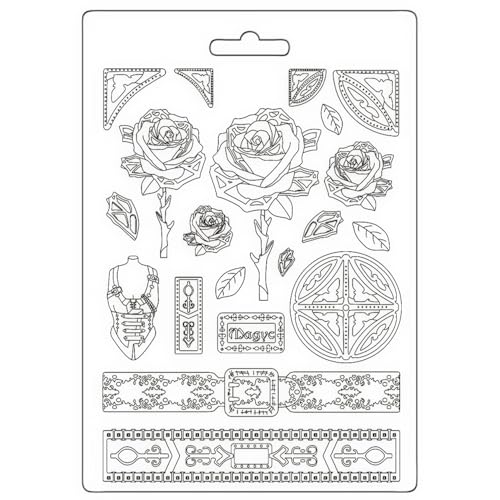 Stamperia - Soft Mould A5 for Scrapbooks, Albums, and Bullet Journals, Suitable for Soft Clay, Ceramic Powder and More, Perfect for Crafts and Gifting (Sir Vagabond in Fantasy World Rose and Borders) von Stamperia