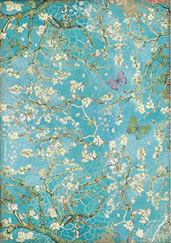 STAMPERIA INTL, KFT (3PL) DFSA4546 A4 Reispapier verpackt-Atelier Blossom blue background with butterfly, Mehrfarbig von Stamperia