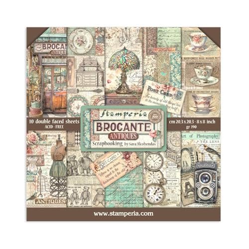 Stamperia - Scrapbook Paper Pad for Scrapbooking, Albums, Card Making, Bullet Journals, and More, Acid Free, Double-Sided, Perfect for Hobbies, Crafts, and Gifting (Brocante Antiques) (20.3 x 20.3cm) von Stamperia