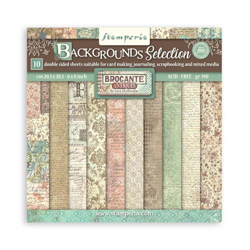 Stamperia - Scrapbook Paper Pad for Scrapbooking, Albums, Card Making, Bullet Journals and More, Acid Free, Double-Sided, Perfect for Crafts and Gifting (Brocante Antiques Background) (20.3 x 20.3cm) von Stamperia