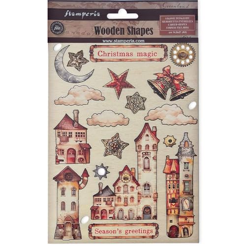 Stamperia - Coloured Wooden Shapes for Scrapbooks, Albums, Bullet Journals and More, Laser Cut, Printed for Enhanced Detail, Perfect for Crafts and Gifting (Gear up for Christmas, Cozy Houses) (A5) von Stamperia