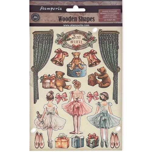 Stamperia - Coloured Wooden Shapes for Scrapbooks, Albums, Bullet Journals and More, Laser Cut, Printed for Enhanced Detail, Perfect for Crafts and Gifting (The Nutcracker, Ballet and Teddy) (A5) von Stamperia