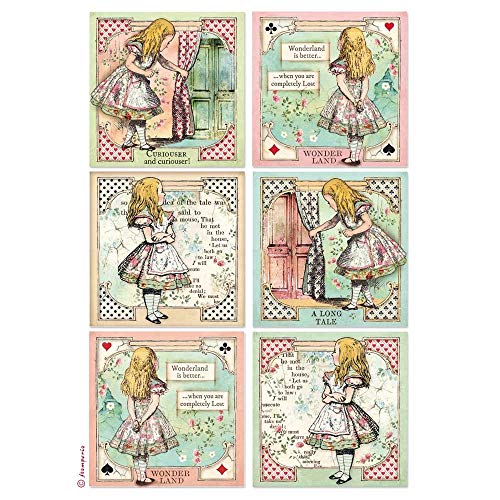 Stamperia DFSA4382 A4 Reispapier verpackt-Alice in Wonderland cards, Mehrfarbig, 6 Piece von Stamperia