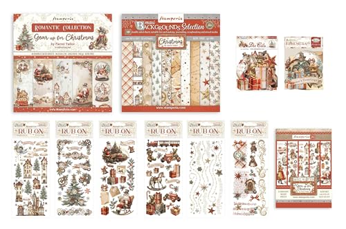 Stamperia International Gear Up For Christmas Riesiges Paket: 30,5 x 30,5 cm Papierblock + 30,5 x 30,5 cm Hintergrund Papierblock + A5 Washi Pad + Stanzformen + Ephemera + 6 Packungen Rub-Ons von Stamperia