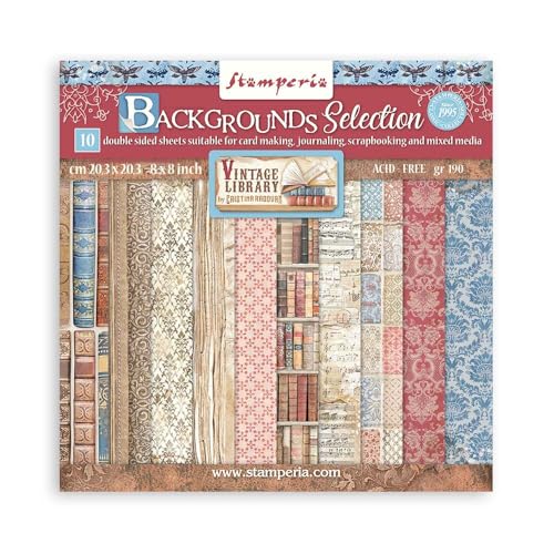 Stamperia Mini Scrapbooking Pad Backgrounds Vintage Libary, Mehrfarbig, 20,3 x 20,3 cm von Stamperia