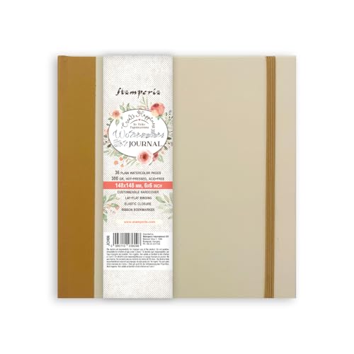 Stamperia - Mixed Media Journal with 36 Plain Watercolour Pages, Hot-Pressed and Acid Free, Lay-Flat Binding, Customisable Hardcover, with Elastic Closure and Ribbon Marker (14.8cm x 14.8cm) (300gr) von Stamperia