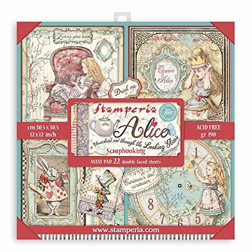 Stamperia SBBXL12 Pad-Double Sided Sheets Wonderland Scrapbooking-Block, doppelseitig, Motiv Alice im Wunderland & Through The Looking Glass, Papier, Verschieden, 12 x 12 cm, 3 Piece von Stamperia