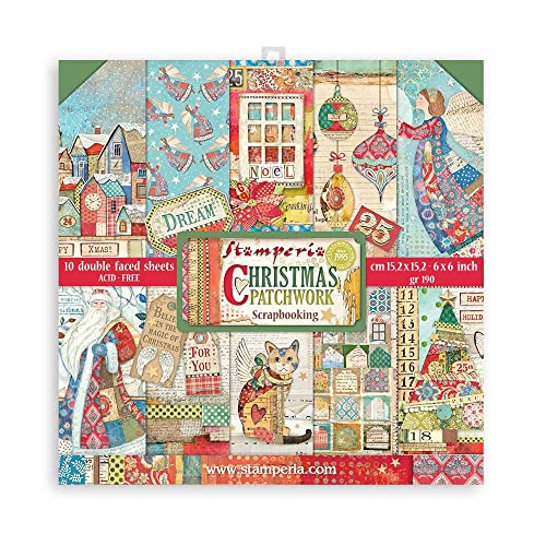 Stamperia SBBXS05 Extra Kleiner Block 10 Blätt-15.24x15.24 (6"x6") Double Face Christmas Patchwork, Mehrfarbig, 15.24x15.25 von Stamperia