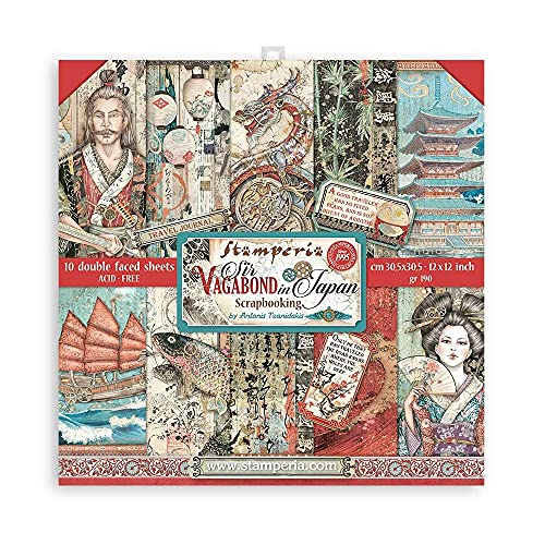 Stamperia SBBXS08 Scrapbooking Extra small Pad 10 Sheets cm 15,24x15,24 (6"x6") -Sir Vagabond in Japan, Paper, Vaious Colours, 6 x 6 inches von Stamperia