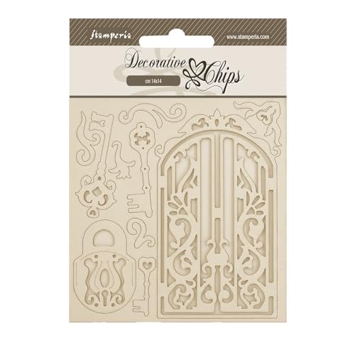 Stamperia - Decorative Chips for Scrapbooks, Albums, Cards, Bullet Journals and More, Laser Cut Cardboard Shapes, Easy to Glue, Perfect for Hobbies, Crafts, and Gifting (Old Lace, Gate and Key) von Stamperia