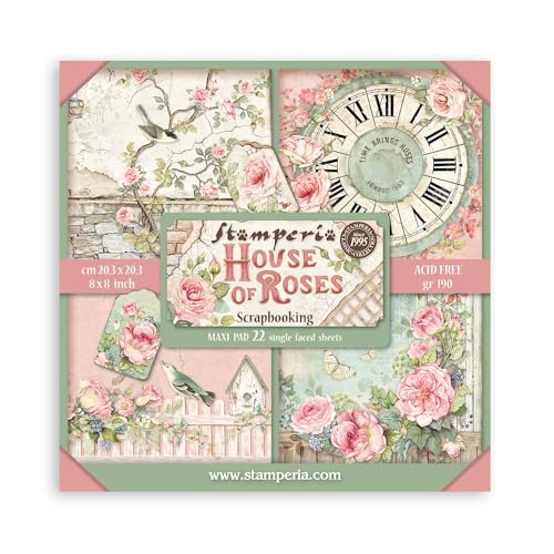 Stamperia - Scrapbook Paper Pad for Scrapbooking, Albums, Card Making, Bullet Journalling and More, Acid Free, Single Face, Perfect for Hobbies, Crafts, and Gifting (House of Roses) (20.3 x 20.3cm) von Stamperia