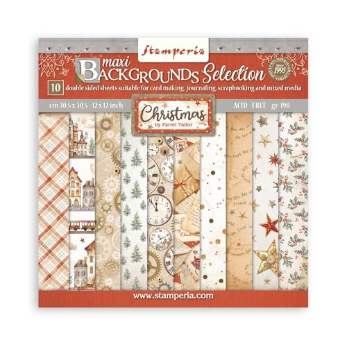 Stamperia - Scrapbook Paper Pad for Scrapbooks, Albums, Cards, Bullet Journals and More, Acid Free, Double-Sided, Perfect for Crafts and Gifting (Gear up for Christmas Maxi Background) (30.5 x 30.5cm) von Stamperia