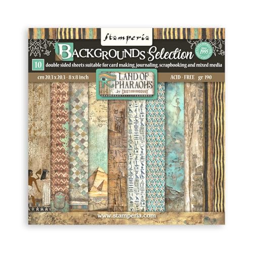 Stamperia - Scrapbook Paper Pad for Scrapbooking, Albums, Card Making, Bullet Journals, and More, Acid Free, Double-Sided, Perfect for Crafts and Gifting (Land of Pharaohs Background) (20.3 x 20.3cm) von Stamperia