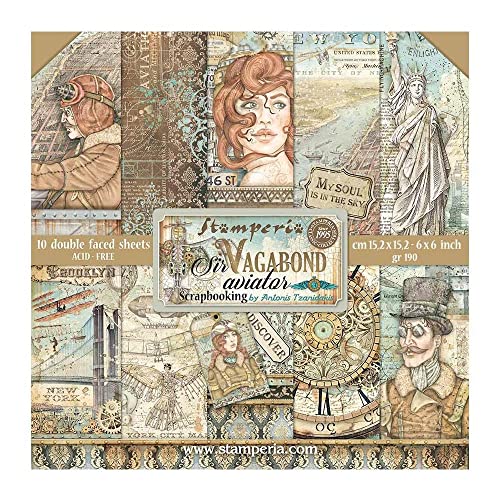 Stamperia SBBXS18 Scrapbooking Extra small Pad 10 Sheets cm 15,24x15,24 (6"x6") -Sir Vagabond Aviator, säurefreies Papier, White, One Size von Stamperia