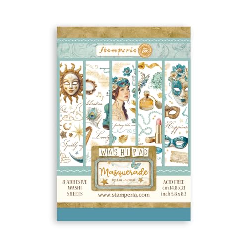 Stamperia - Washi Pad for Scrapbooking, Albums, Card Making, Bullet Journalling and More, Translucent and Easy to Cut, Acid Free, Perfect for Hobbies, Crafts, and Gifting (Masquerade) (A5) (8 Sheets) von Stamperia