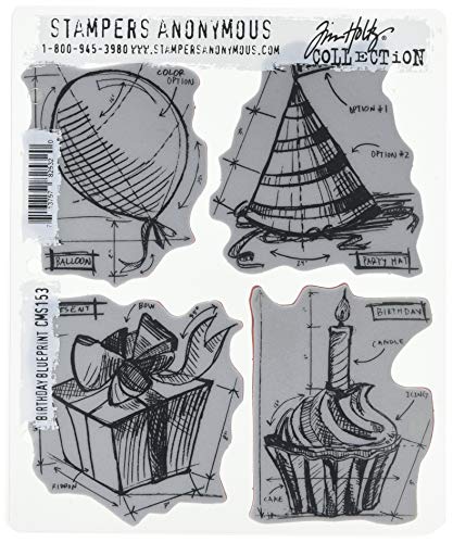 Stampers Anonymous Cling Rubber Stamp 7"X8.5"-Birthday Tim Holtz Gummistempel-Set, 17,8 x 21,5 cm, Blaudruck, Geburtstag Blueprint von Stampers Anonymous