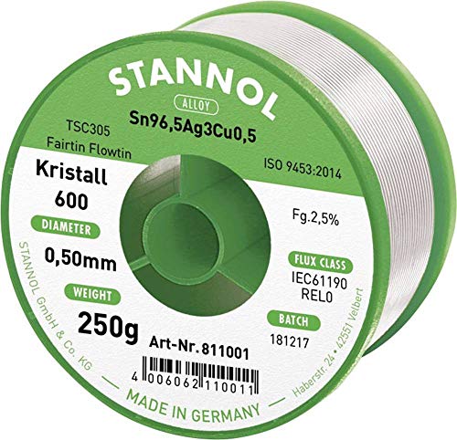 Stannol 811001 FLOWTIN TSC305 Fairtin Kristall 600 Lötdraht, 0,5mm Durchmesser, 250g Spulen von Stannol