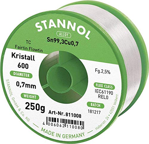 Stannol 811008 FLOWTIN TC Fairtin Kristall 600 Lötdraht, 0,7mm Durchmesser, 250g Spulen von Stannol