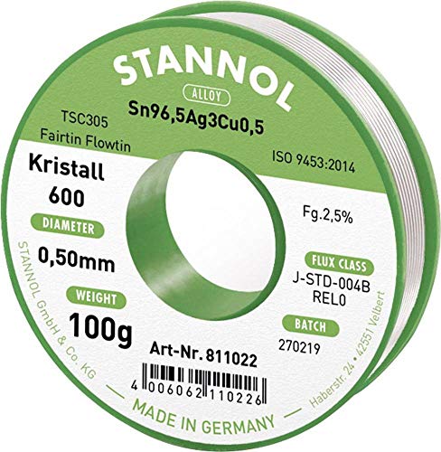 Stannol 811022 FLOWTIN TSC305 Fairtin Kristall 600 Lötdraht, 0,5mm Durchmesser, 100g Spulen von Stannol