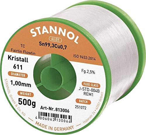 Stannol 813006 Lötdraht Kristall 611 2,5prozent 1,0mm FLOWTIN TC (Sn99,3Cu0,7) Fairtin 500g Spule von Stannol