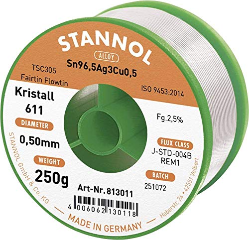 Stannol 813011 Lötdraht Kristall 611 2,5prozent 0,5mm FLOWTIN TSC305 (Sn96,Ag3Cu0,5) Fairtin 250g Spule von Stannol